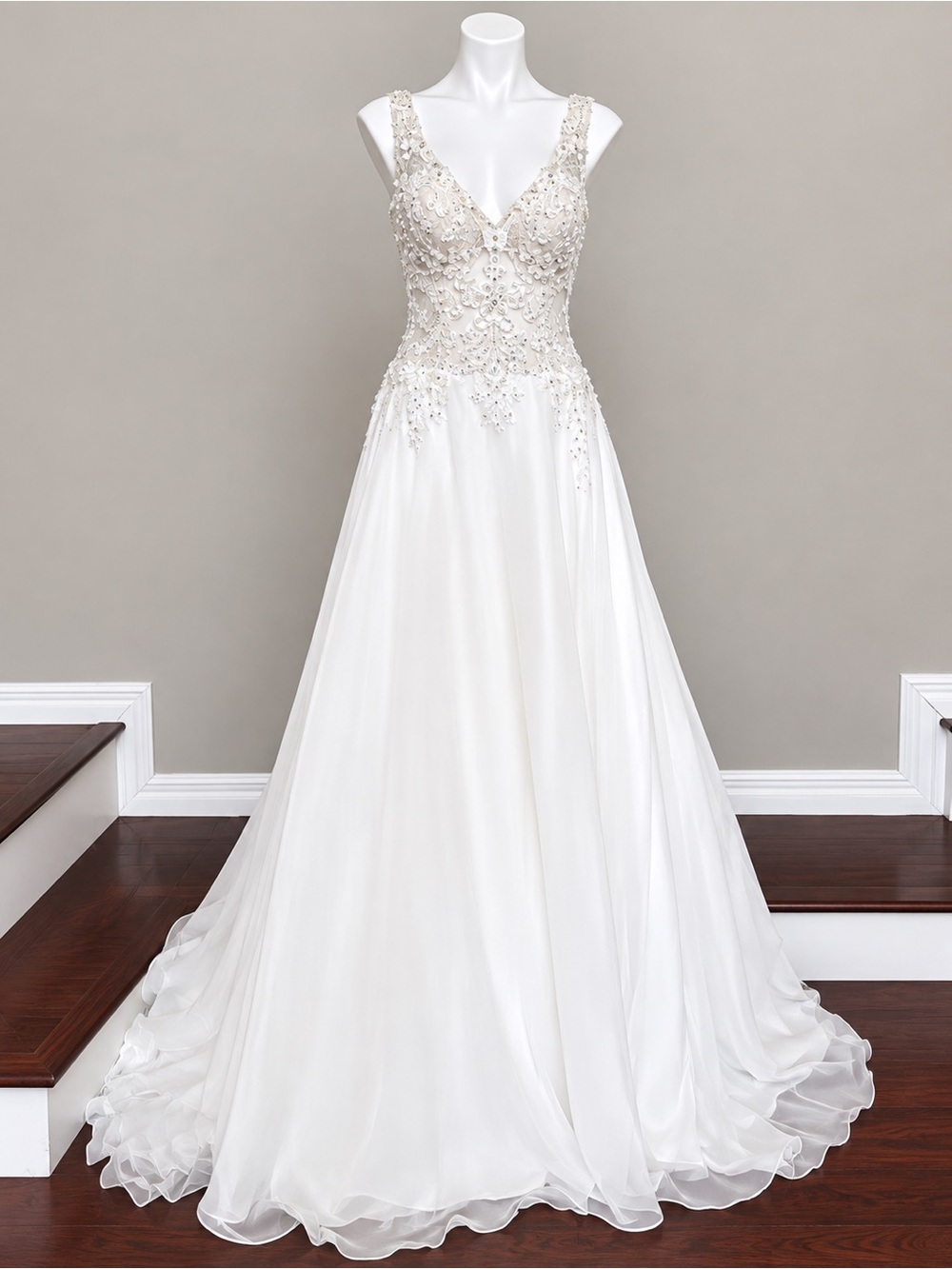 Ivory Beaded V-Back Wedding Gown with Long Train